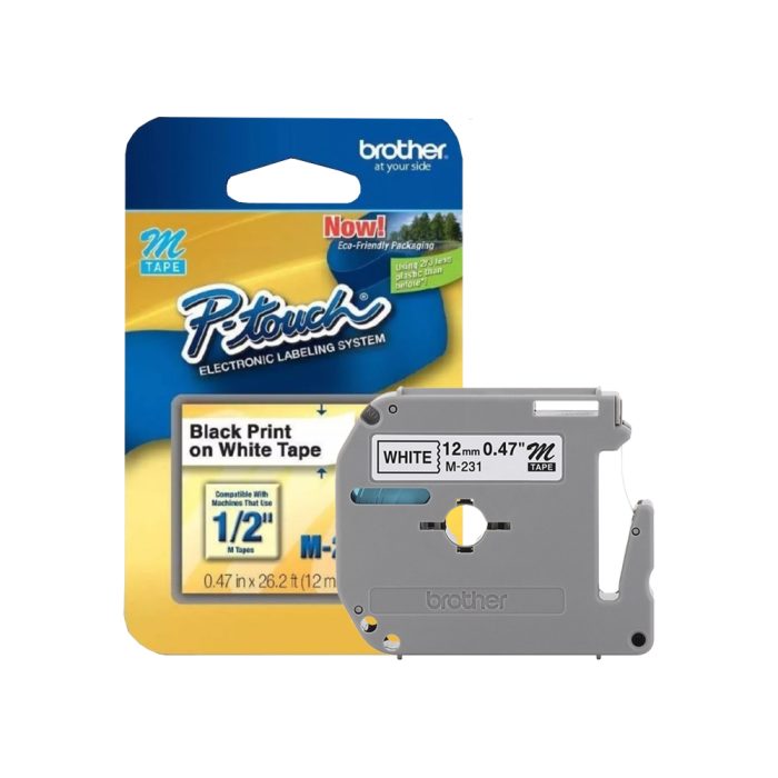 Fita para Rotuladora Eletrônica, 12 mm, Branco, Escrita Preta, com 8 metros, M231 - Brother