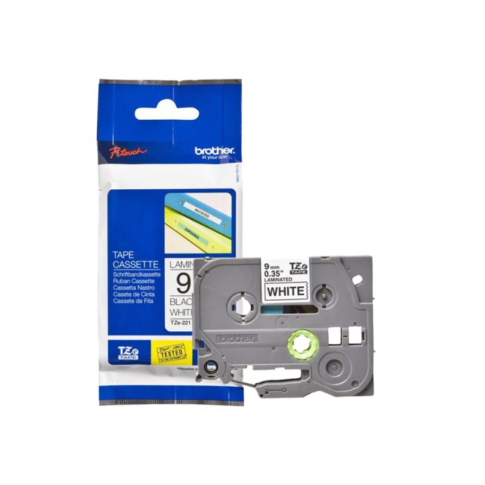 Fita Laminada Ecológica para Rotuladora, 9mm, Branco, Escrita Preto, TZE221 - Brother
