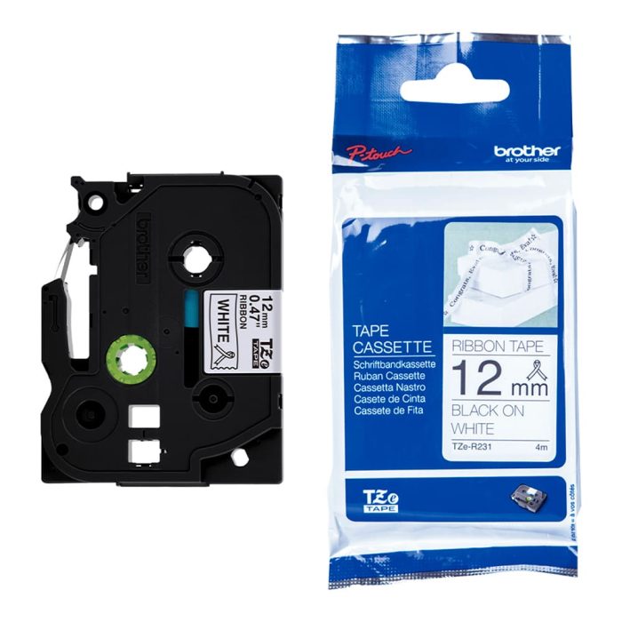 Fita de Cetim para Rotulador Eletrônico, 12mm, Preto, Escrita Branco, TZER231 - Brother