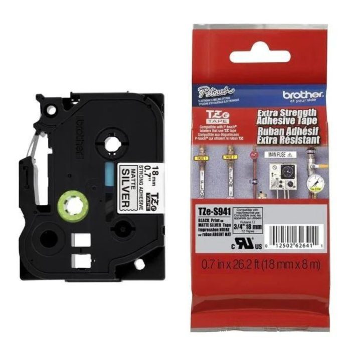 Fita Ecológica para Rotuladora,18mm, Prata Fosco, Escrita Preto, TZES941 - Brother